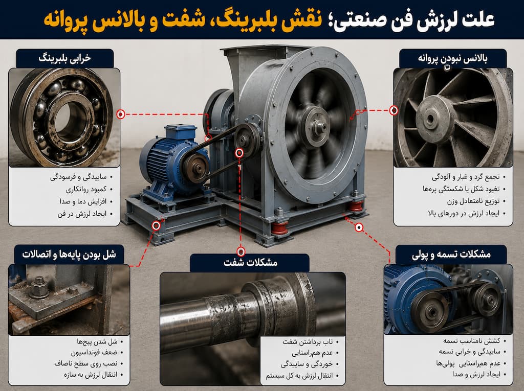 علت لرزش فن صنعتی؛ نقش بلبرینگ، شفت و بالانس پروانه 2 علت لرزش فن صنعتی