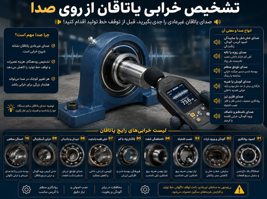 لیست بیشترین خرابی یاتاقان ها در خطوط تولید و روش تشخیص از روی صدا و لرزش 2 خرابی یاتاقان ها
